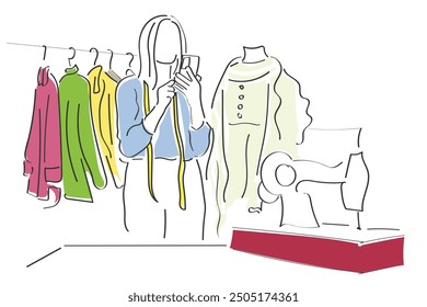 hand drawn line art vector of a fashion designer designing and stitching clothes for upcoming event.