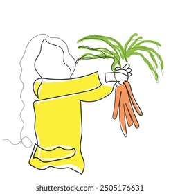 hand drawn line art vector of a little girl holding carrots. Kids nutrition and diet concept.