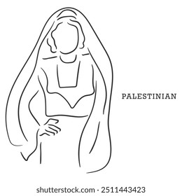 Hand drawn line art vector of Muslim women from around the world. Covering style of Muslim women in Palestine