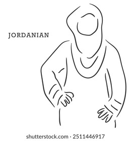 Hand drawn line art vector of Muslim women from around the world. Covering style of Muslim women in Jordan. Jordanian woman