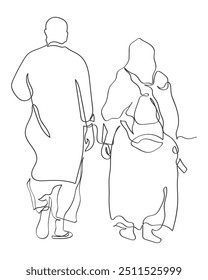 Hand drawn line art vector of a Pakistani Elderly couple walking together In the traditional dress. Pakistani Culture.