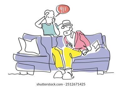 hand drawn line art vector of an elderly man having chest pain and a kid around calling emergency number for help.