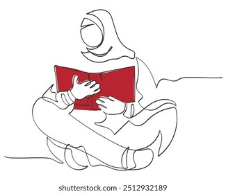 vetor de arte desenhada à mão de uma mulher muçulmana lendo um livro. Taxa de educação e alfabetização muçulmanas. O conceito de educação islâmica para muçulmanos ao redor do mundo.
