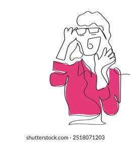 Hand drawn line art vector of a surprised girl in corporate settings. The girl has glasses on and mouth wide open. Shocked employee concept.