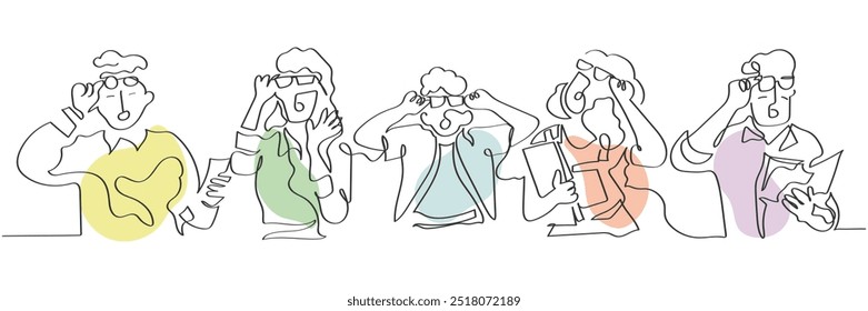 Hand drawn line art vector of a surprised people of different ages. People with work glasses on acting all shocked and astonished based on some information they have read online.