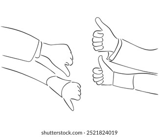hand drawn line art vector of people with thumbs up and thumbs down. Mixed reviews by people. Feedback concept art.