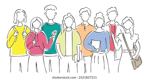 hand drawn line art vector of college kids standing together in a group. Class fellows back to school concept art