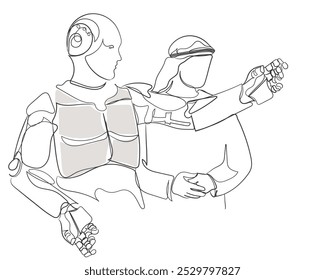 Hand drawn line art vector of an arab man and woman with a robot. Artificial Intelligence and its influence in middle eastern business and tech world concept.