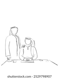 Handgezeichnete Linie Kunstvektor eines Geschäftstreffens. Geschäftsmöglichkeiten im Nahen Osten. Wachstumsbranche der saudi-arabischen Konzeptkunst.
