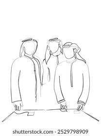 Vector de arte de línea dibujado a mano de una reunión de negocios. Oportunidades de negocio en Oriente Medio. El creciente sector empresarial de Arabia Saudita concepto de arte.