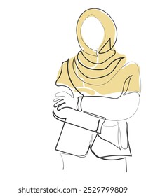 Hand drawn line art vector of arab woman presentation in corporate settings. Muslim world and growth mindset. Saudi women and men in entrepreneurship. Competent and young gulf businesspeople.