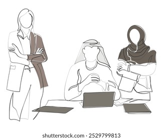 Hand drawn line art vector of arab woman presentation in corporate settings. Muslim world and growth mindset. Saudi women and men in entrepreneurship. Competent and young gulf businesspeople.