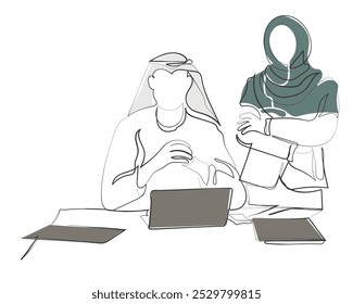 Vector de arte de línea dibujado a mano de la mujer árabe presentación en Configuraciones corporativas. Mundo musulmán y mentalidad de crecimiento. Mujeres y hombres sauditas en emprendimiento. Empresarios competentes y jóvenes del Golfo.