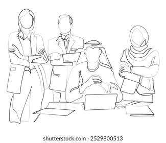 Hand drawn line art vector of Multiracial businesspeople together working on a business pitch. Growth mindset. Middle eastern business.