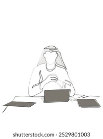 Hand drawn line art vector of an Arab man sitting in his office. Middle eastern ceo concept. Emirati businesspeople.