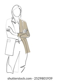 Hand drawn line art vector of a smart young lady in office attire. Women in business concept. Entrepreneurship.