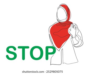 Hand drawn line art vector of a middle eastern woman in red hijab with a sign saying stop. stop war in middle east. enough of cruelty concept art. liberate muslims of colonization.