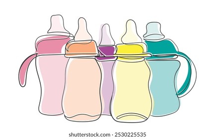 Hand drawn line art vector of baby feeders. Kids products. Milk bottles for infants and toddlers.