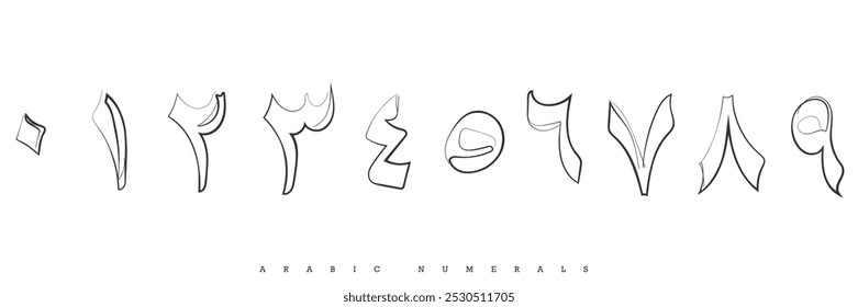 Hand drawn line art vector of Arabic Numerals. Arabic Numbers line art.