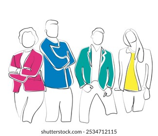 Dibujado a mano línea de arte Vector de personas en negocios y Configuraciones corporativas. Concepto de fraternidad humana, diversidad y cohesión. Startups creativas.