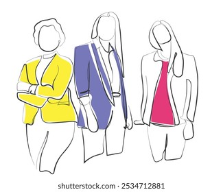 Hand drawn line art vector of women in business and corporate settings. Womanhood and leadership. Startups and women owned businesses.