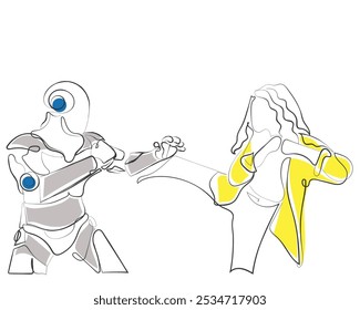 Hand drawn line art vector of a humanoid and human having a punching game. Kickboxing with AI.