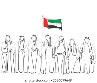 Vector de arte de línea dibujado a mano de hombres árabes. Emiratos Árabes Unidos. Árabe unido bajo una bandera.