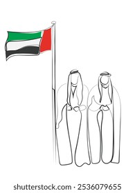 Vector de arte de línea dibujado a mano de hombres árabes. Emiratos Árabes Unidos. Árabe unido bajo una bandera.