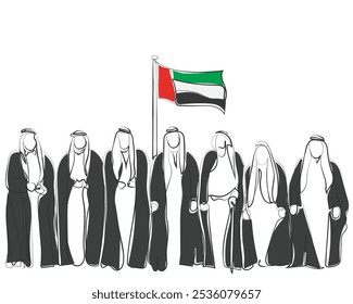 Vector de arte de línea dibujado a mano de hombres árabes. Emiratos Árabes Unidos. Árabe unido bajo una bandera.