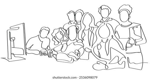 hand drawn line art vector of colleagues gathered together in office around an assistant robot. A successful project completion picture with colleagues.