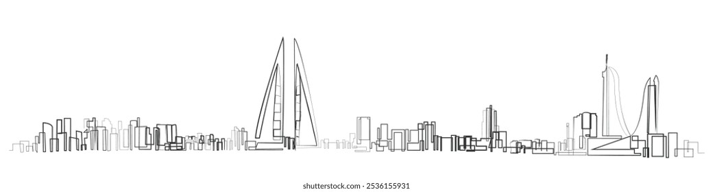 Hand drawn line art vector of skyline of Bahrain. United Arab emirates. 