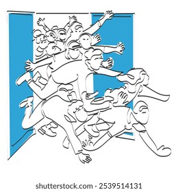 Vector de arte de línea dibujado a mano de una multitud que entra por una puerta. Las ventas se apresuran.