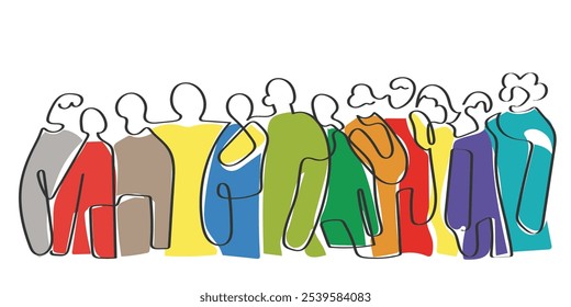 Hand drawn line art vector of a group of people together. Motivated workforce. Art exhibition and human fraternity concept.