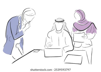 Vetor de arte desenhada à mão de um empresário saudita debatendo com a equipe.