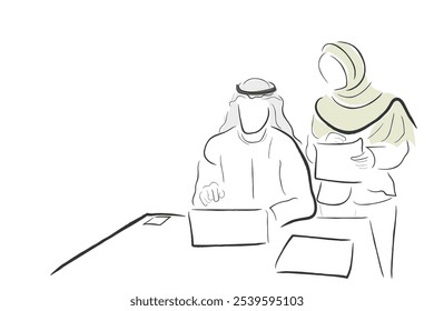 Vector de arte de línea dibujado a mano de una mujer y un hombre árabes que hacen lluvia de ideas sobre una idea. Concepto de comunidad empresarial saudita.