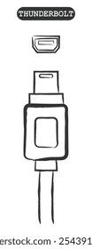 Vetor de arte desenhada à mão de diferentes tipos de derivações e portas USB. Fio Thunderbolt
