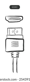 Handgezeichnete Linie Art Vektor von verschiedenen Arten von Leitungen und USB-Ports. HDMI-USB-Kabel.