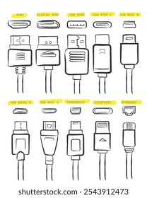 Vetor de arte desenhada à mão de diferentes tipos de derivações e portas USB.