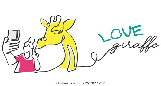 Hand drawn line art vector of a girl posing for a selfie with her giraffe friend. Love Giraffes. Protect Wild life concept art.