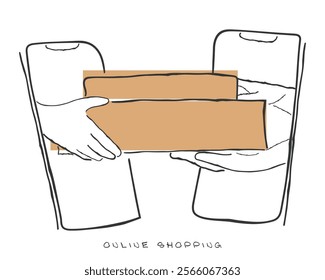 Hand drawn line art vector of Online shopping concept. Buying, delivering and shipping online. 