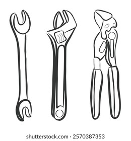 Hand drawn line art vector of tools. 