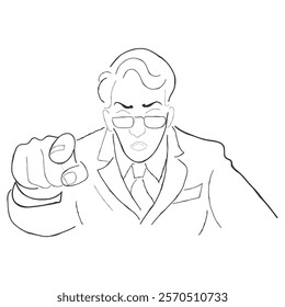 hand drawn line art vector of a grumpy man pointing finger.