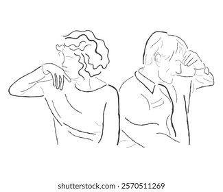 hand drawn line art vector of an elderly couple in distress. Marital Issues concept.