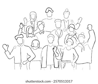 hand drawn line art vector of a fraternity standing together waving hands.