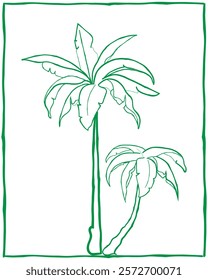 hand drawn line art vector of palm trees. Poster art in old style. Minimalist design.