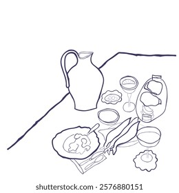 Hand drawn line art vector of a dinner table. French chic art. Elegant artistic art of table. Homestead poster art.