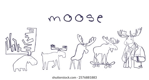 Hand drawn line art vector of a moose. Retro style free hand art. Cool doodles of animals.