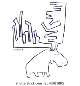 Hand drawn line art vector of a moose. Retro style free hand art. Cool doodles of animals.