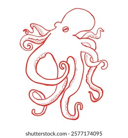 hand drawn line art vector of red octopus. Sea creatures retro art.