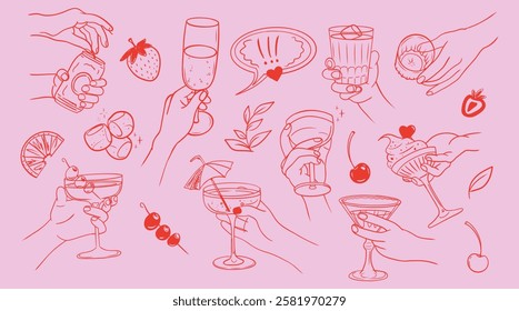 Hand drawn line art vector illustrations of drinks, fruits, and desserts with hands holding glasses, cups, and treats, set on a pink background, perfect for lifestyle, party, or celebration themes